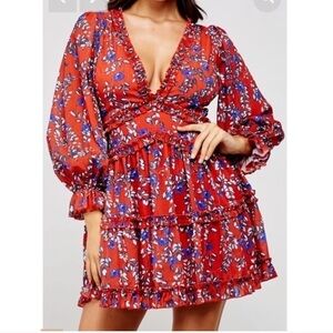 L'ATISTE by Amy Anthropologie Red Floral Long Sleeve‎ Open Back Short Dress Sz S
